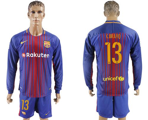 Barcelona #13 C.Bravo Home Long Sleeves Soccer Club Jersey - Click Image to Close